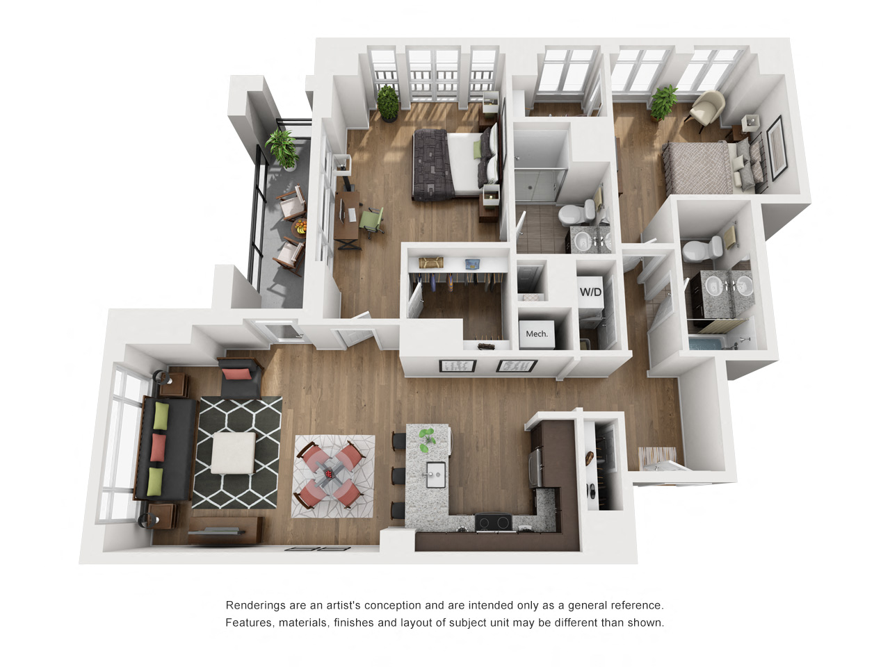 Floor plan for 2 beds, 2 baths, 1238 sqft